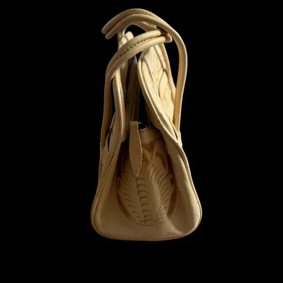 Vintage Leather Tooled Handbag Purse Ivory Western Ideal Zipper Cream - Picture 12 of 13